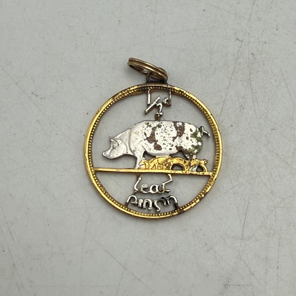 Vintage Irish Half Penny Cut Out Coin Pendant Sow Piglets Leat Pingin Two Tone